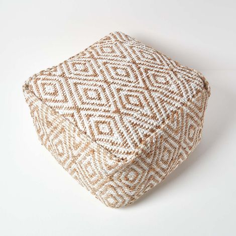 HOMESCAPES Sierra Natural Diamond Pattern Jute Circular Bean Filled Pouffe, 45 cm (1/4)