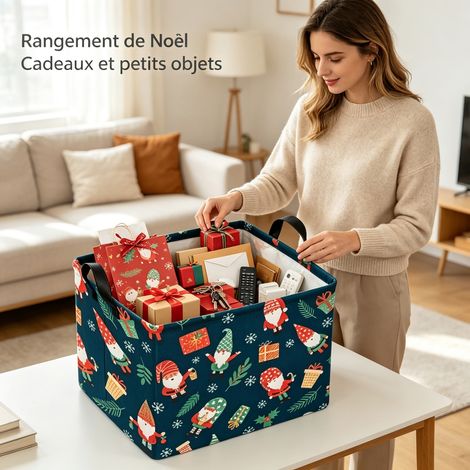 Panier de Rangement Noël Pliable Toile de Chanvre Père Noël Fond Bleu Marine 38 x 26 x 25 cm (1/4)