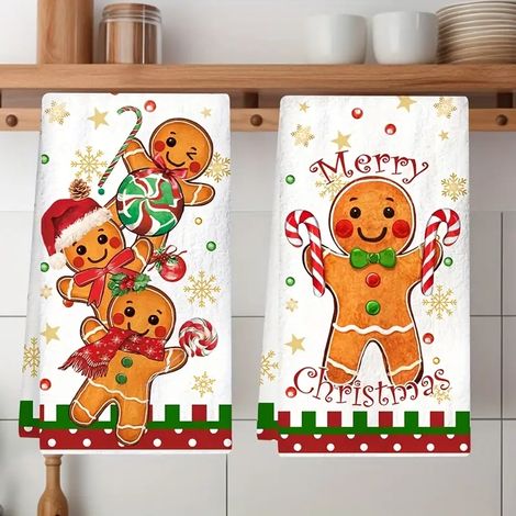 Lot de 2 torchons à vaisselle imprimés de bonshommes en pain d'épice de Noël, pour la décoration de la maison et de la cuisine.-AquaForge (1/5)