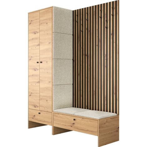 Mobilier1 – Meuble d'entrée Hartford 320 – Ensemble de meubles en chêne artisan – Dimensions 206x145x44cm – Finition stratifiée et tissu moderne