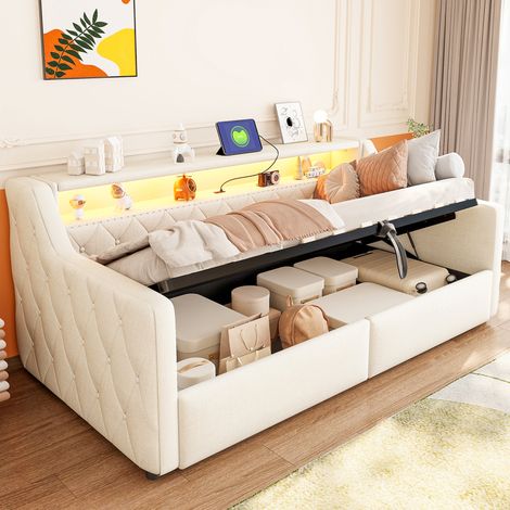 Tagesbett 90x200 cm beige aus Leinen und MDF mit LED-Lichtleiste, hydraulischem Stauraum und USB-C-Anschlüssen (1/5)
