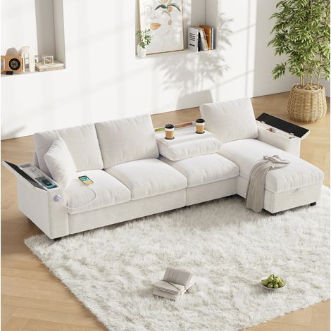 Sofá esquinero con cama (280x137x84 cm), convertible, con almacenamiento, chenilla beige (1/5)