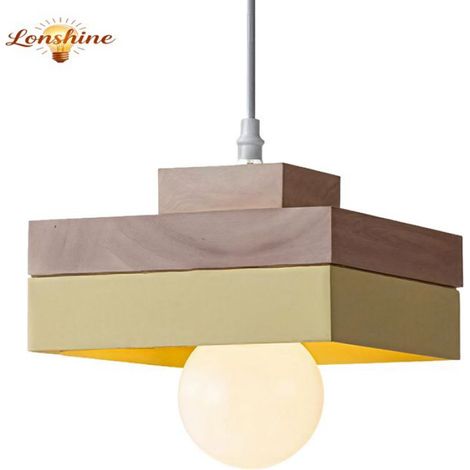 LONSHINE Moderne quadratische Pendelleuchte mit gelbem Holz- und Metallschirm, E27-Glühbirne, Kronleuchter für Schlafzimmer oder Wohnzimmer (1/5)