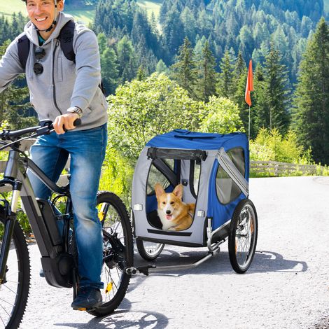 Animal Remorque vélo pour chien animaux 8 réflecteurs drapeau barre attelage inclus 130 x 73 x 90 cm et - blanc bleu