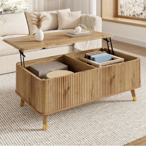 Moderner Retro-Couchtisch mit höhenverstellbarer Platte, Wellenstruktur und Holzoptik, MDF (1/5)