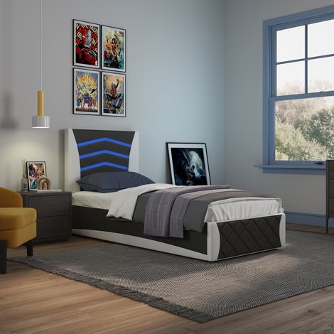 Galaxy Ottoman Storage LED Headboard Gaming Single Bed Frame (Black and White) (1/5)