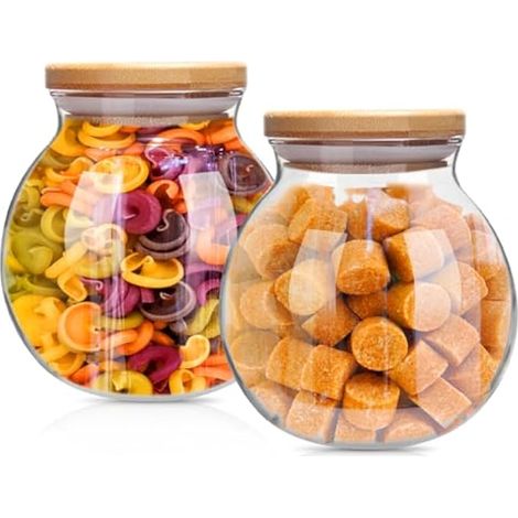 Vegena Lot de 2 bocaux de conservation en verre avec couvercle en bambou hermétiques - Ensemble de 2 bocaux sphériques avec couvercle, 500 ml - 1000 ml, bocal à bonbons pour biscuits, thé, grains de (1/5)