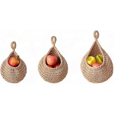 Panier mural en osier tissé main pour fruits et légumes, rangement suspendu de cuisine, corbeille décorative et pratique. (1/5)