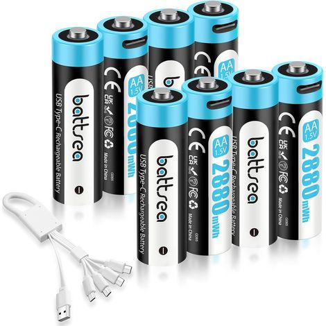 Lot de 8 piles AA 1,5 V avec USB C AA rechargeables USB C AA rechargeables 2880 mWh 0,8 h Charge rapide 1600 cycles AA Compatible avec appareil photo clignotant (1/5)