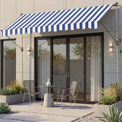Auvent Rétractable Manuel, Store Réglable avec Manivelle, Terrasse, Balcon, Jardin, 300 x 120 cm, Bleu et Blanc (1/5)