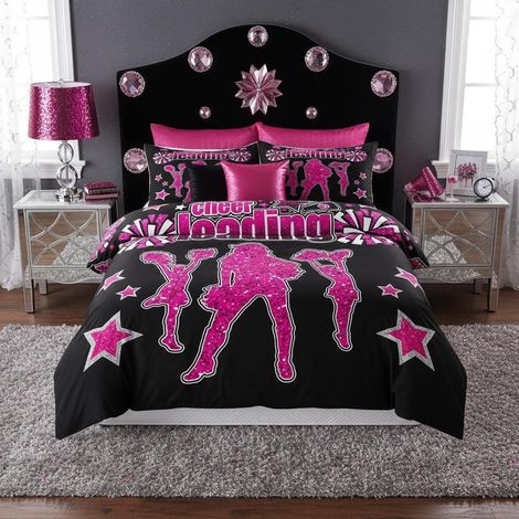 Parure de lit taille S avec housse de couette et 1 taie d'oreiller Motif gymnastique et pom-pom girl Décoration de chambre d'enfant fille femme adolescent Rose à paillettes Rose (1/5)