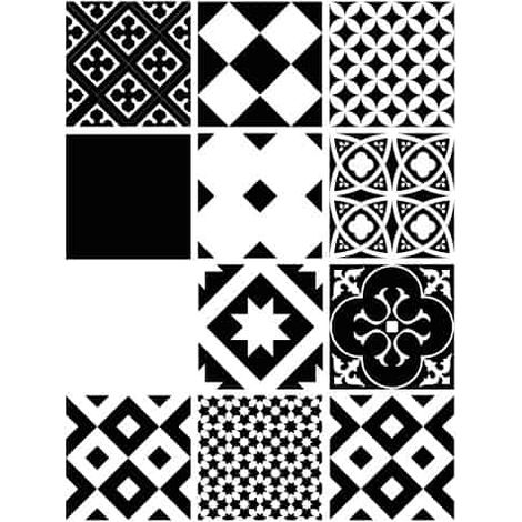 Planche de 12 Stickers Carreaux de Ciment Black White – Autocollants Muraux Décoratifs Noir et Blanc – 20 x 20 cm
