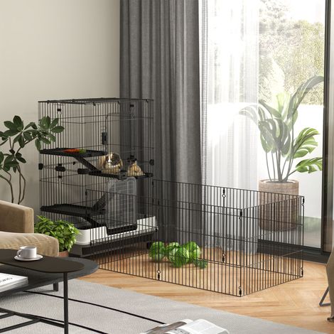Cage pour petits animaux roulante 3 plates-formes démontables 3 rampes plateau inférieur amovible métal PP noir (1/5)