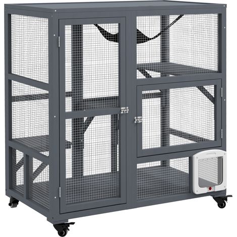 PawHut Indoor Catio Cat House on Wheels with Platforms, Hammock (1/5)