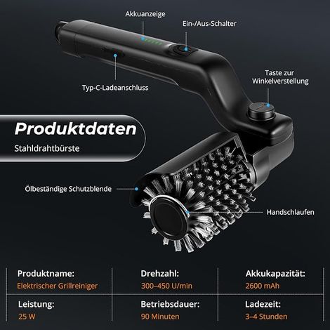 Brosse électrique sans fil, nettoyeur de barbecue électrique, tête de brosse en acier inoxydable max 350 tr/min, angle réglable à 180°, nettoyage à 3 niveaux pour grilles de barbecue d'extérieur (1/4)