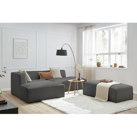 BOBOCHIC - Canapé d'angle fixe modulable MEGEVE tissu chiné avec pouf Angle gauche Gris foncé (1/5)