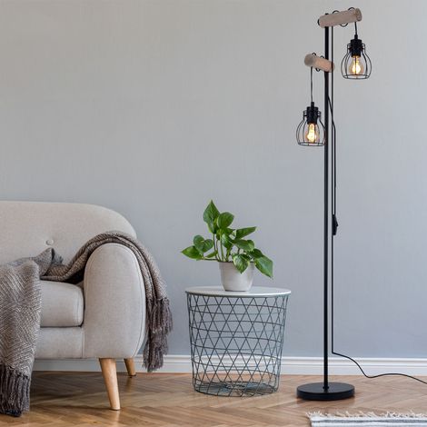 Etc-Shop – Lampadaire liseuse vintage réglable en hauteur – Métal noir et bois – Abat-jour en treillis – 2x douilles E27 – Dimensions 38,5x23x150 cm