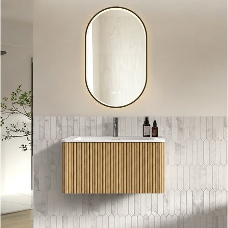 Meuble de salle de bain suspendu 80 cm avec vasque en résine minérale et miroir LED antibuée réglable, finition bois clair, rangements muraux pratiques – CHICFURN (1/5)