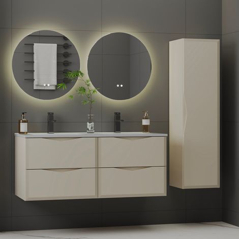 Ensemble meuble double vasque encastrée 120cm et colonne Ellie Cachemire (1/5)