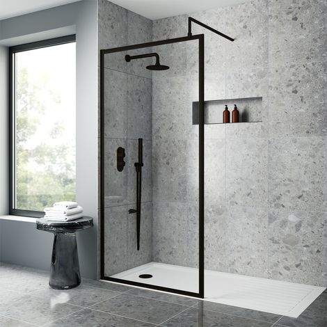 Hudson Reed Full Outer Framed Wetroom Screen 760mm W x 1950mm H with Support Bar 8mm Glass - Matt Black