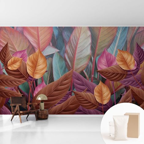 Tapete Vliestapete mit Kleber modern Wohnzimmer - Wanddeko Schlafzimmer - Tapete mit Motiv Bunte Blätter 416x254 cm (1/5)