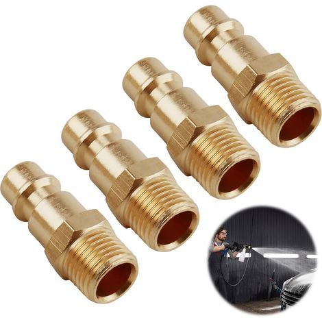 4 Pièces Raccords à Air Comprimé Euro en Laiton avec Filetage Extérieur 1/4", Raccord Rapide à Air Comprimé,Connecteurs Mâles Rapides pour Compresseur, Bouchons de Valve et de Tuyau (1/5)