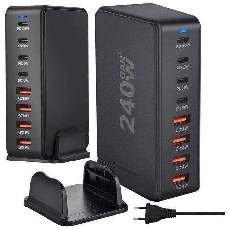 Caricabatterie da parete ultraveloce 8 in 1 da 240 W GaN3 con 4 porte USB-C e 4 porte USB Alogy, colore nero. (1/5)