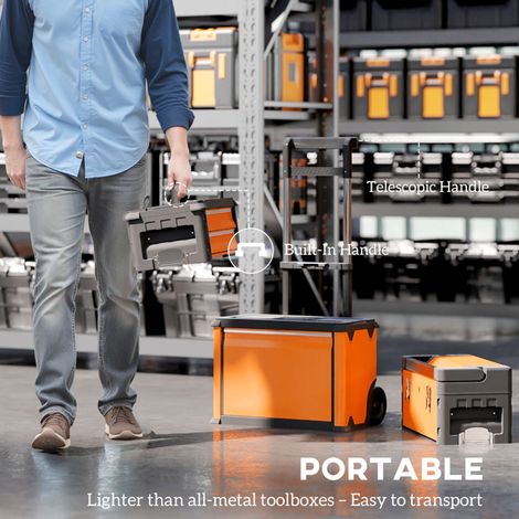 Versatile Stackable Toolboxes with Removable Tray,Drawers,Telescopic Handle,and Large Wheels for Efficient Storage Solution