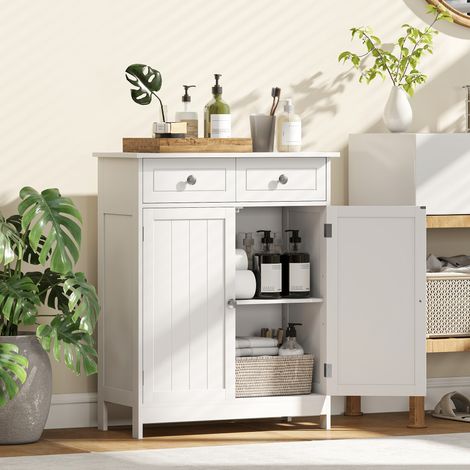 Meuble de réglable blanc salle de bain meuble de rangement 2 tiroirs placard double porte et étagère 60 x 30 x 75 cm design moderne