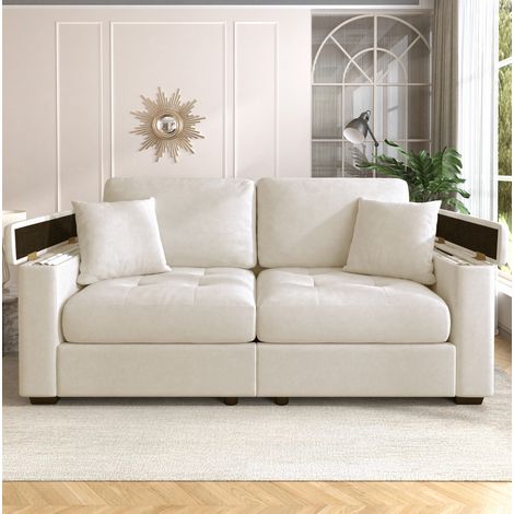 Sofá de 2 plazas 180 x 81,5 x 84 cm de chenilla beige con almacenaje -FLORAGRACE (1/5)