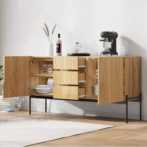 Mueble TV 140 x 40 x 75 cm con 2 puertas y 3 cajones, patas metálicas, natural HAVRYA (1/5)