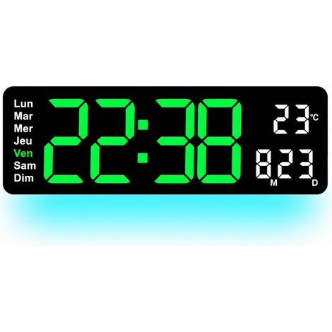 Horloge murale numérique LED grand écran rectangulaire réveil thermomètre calendrier lumière d'ambiance salon bureau modèle 5505 Vert – Livraison gratuite