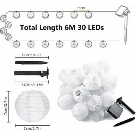 NALOOKAMIC  (Lumière blanche) Guirlande lumineuse solaire d'extérieur 6M 30pcs LED Lanterns Outdoor Waterproof String Lights 8 Modes Solar Lighting Decoration for Garden, Patio, Balcony, Terrace, Part