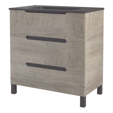ONDEE ZEN - Meuble salle de bain à poser ALASKA -80cm - Bois - 3 Tiroirs - plan vasque noir (1/3)