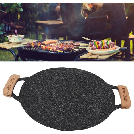Poêle à Grill Barbecue Ronde Anti-Adhérente Multifonction Alliage Aluminium avec Plateau de Grill en Bois pour Camping et Cuisine Commerciale (1/5)