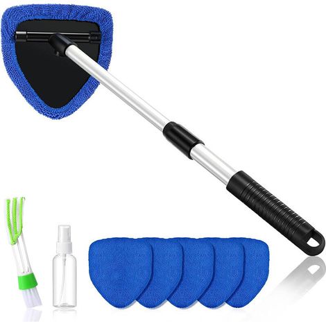 XEPHO Kit Nettoyage Voiture, 6 Tampons Lavables, Nettoyage Pare Brise Intérieur, Nettoyage de Pare Brise avec Poignée Télescopique avec Poignée Pivotante à 180° (Bleu)