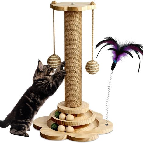 Poteau Griffoir, 40cm Colonne à Griffer, Poteau Griffoir en Sisal 4 en 1, Griffoir pour Chat avec Boules en Bois, Boules en Sisal Suspendues, Plumes, pour Chat Facile à Assembler (1/5)