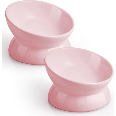 Gamelle Surélevée Pour Chats - Gamelle Céramique 140 ml - Inclinée et Antirefoulement - Protection Colonne Vertébrale - Pour Chats à Museau Court et Chatons - Rose - 2 Pièces