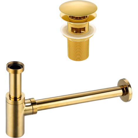 BALNEO - ensemble bonde de lavabo Klik Klak A avec trop-plein doré + siphon rond doré en laiton - kit pour lavabo (1/5)