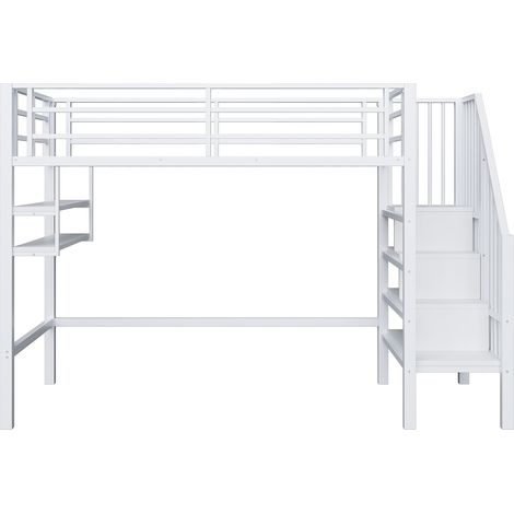 Kinder-Hochbett 90 x 200 cm weiß mit Regalen und Stauraumtreppe (1/5)