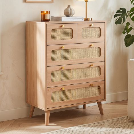 Commode 5 tiroirs en bois et rotin,meuble de rangement multifonction, Buffet, 60 x 34 x 91 cm, MDF