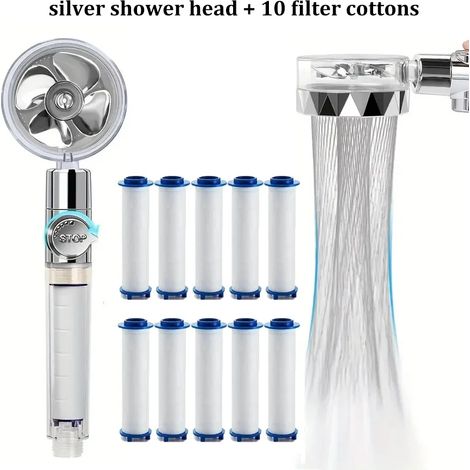 (Silver-10 filtres) Pommeau de douche à main rotatif à 360° avec turbine et 10 filtres haute pression pour économiser l'eau. (1/5)