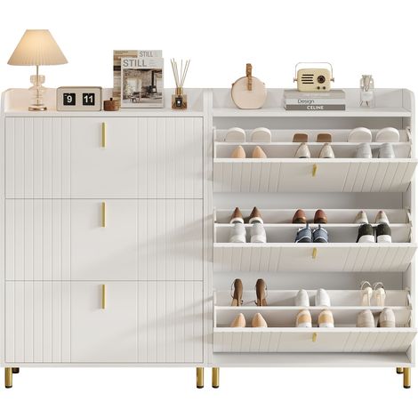 Zapatero con 3 Puertas Abatibles y Estantes Ajustables, con Repisa Superior, en MDF, Blanco, 80×23×123.5 cm (1/5)