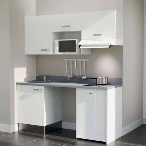 Kitchenette K55L - 180 cm - plan monobloc évier intégré Cromo- évier à gauche - Façades Blanc + Electroménager inclus coloris Blanc