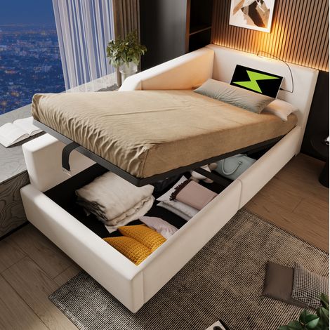 Divano letto in velluto beige 90x190 cm con contenitore idraulico, rete a doghe, luce lettura e USB-C (1/5)