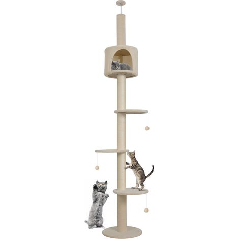 Floor to Ceiling Cat Tree, 4-Tier Cat Tower, 220-260cm Height Adjustable, Climbing Activity Center, with Scratching Post, Cozy Condo, Hanging Balls, Beige (1/5)