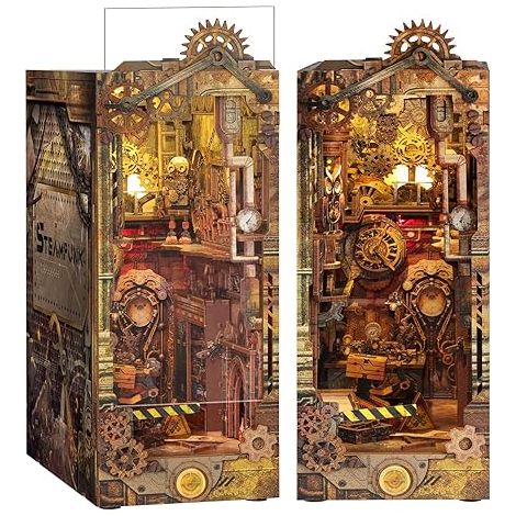 Book Nook - DIY Maison de Poupée Miniature Booknook Kit avec Housse de Protection - Serre-Livres Bibliothèque Insert Décor avec Lumière LED - Steampunk 3D Puzzles en Bois Cadeau pour Adultes (1/5)