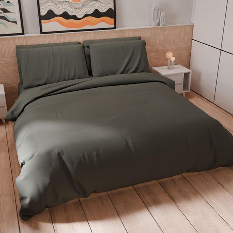Set Housse de Couette 200x200 cm 1 Taie d'oreiller 50x80 cm Incluse, Parure de Lit Microfibre 1/2 Personnes Douce Gris Foncé (1/5)