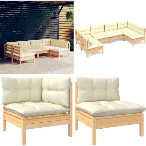 6-tlg. Garten-Lounge-Set mit Creme Kissen Massivholz Kiefer - Garten Lounge Set - Kiefernholzmöbel - Outdoor Möbel - Gartengeräte - Loungemöbel - Home & Living (1/5)