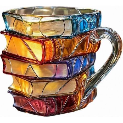 Tasse Livre en Verre Peint 3D pour Boissons Chaudes et Froides, Mug Original en Forme de Livre Empilable, Cadeau Idéal pour Amoureux des Livres et Amis (1/5)